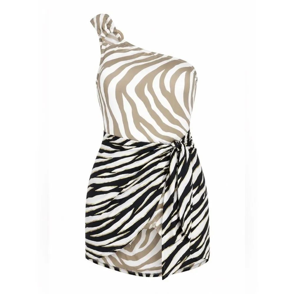 Michael Kors Zebra Print One Shoulder Swimsuit Sarong Size 10 M/L